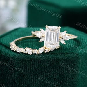 6*9mm Emerald cut Moissanite engagement ring set vintage yellow gold Unique engagement women Marquise Diamond wedding Bridal Anniversary