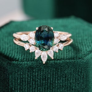 Green Blue Sapphire engagement ring set vintage unique rose gold engagement ring woman Marquise Diamond wedding Bridal Anniversary ring image 4