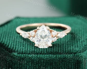 Pear shaped Moissanite engagement ring rose gold unique Cluster engagement ring women vintage Marquise Diamond/Moissanite Promise ring