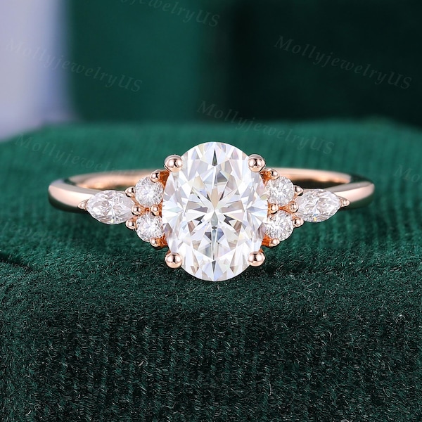 Anello di fidanzamento ovale con moissanite, anello nuziale vintage in oro rosa, anello nuziale con diamanti Marquise, anello da donna delicato, regalo di promessa, anello di matrimonio