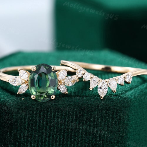 Oval Green Blue Sapphire Engagement Ring Vintage Unique - Etsy