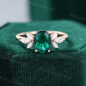Oval cut Emerald engagement ring vintage Unique Marquise cut Cluster moissanite ring Rose gold engagement ring women Bridal Anniversary ring