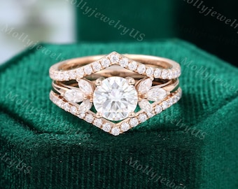 Moissanite engagement ring set vintage unique rose gold engagement ring women Half eternity Diamond Matching wedding Bridal Promise ring