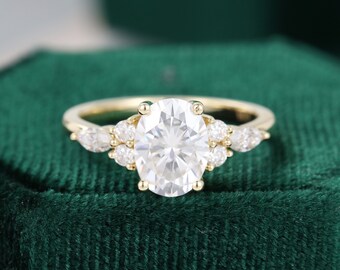 Oval Moissanite Engagement Ring Vintage Unique Cluster Rose Etsy