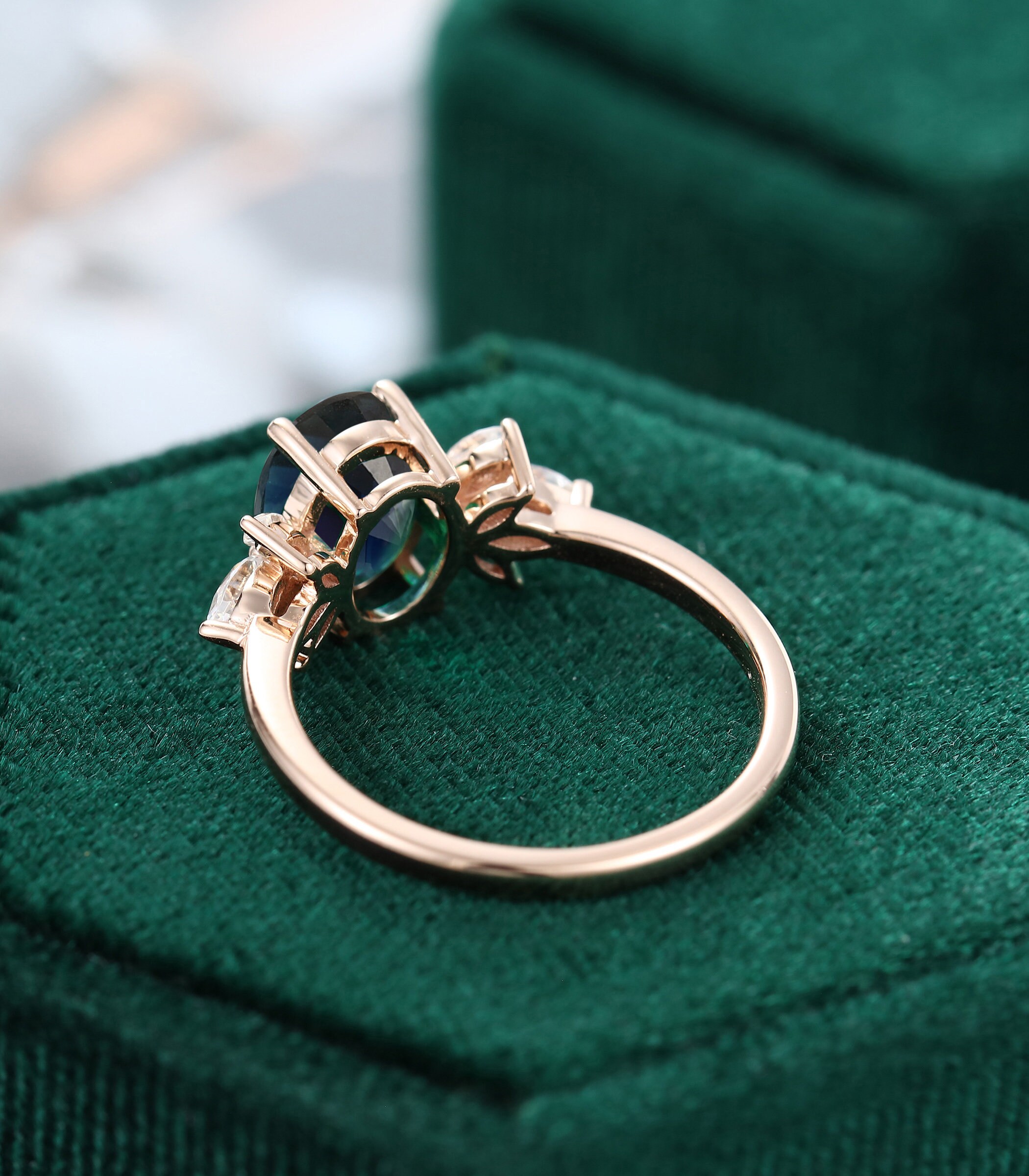 Oval Green Blue Sapphire Engagement Ring Vintage Unique