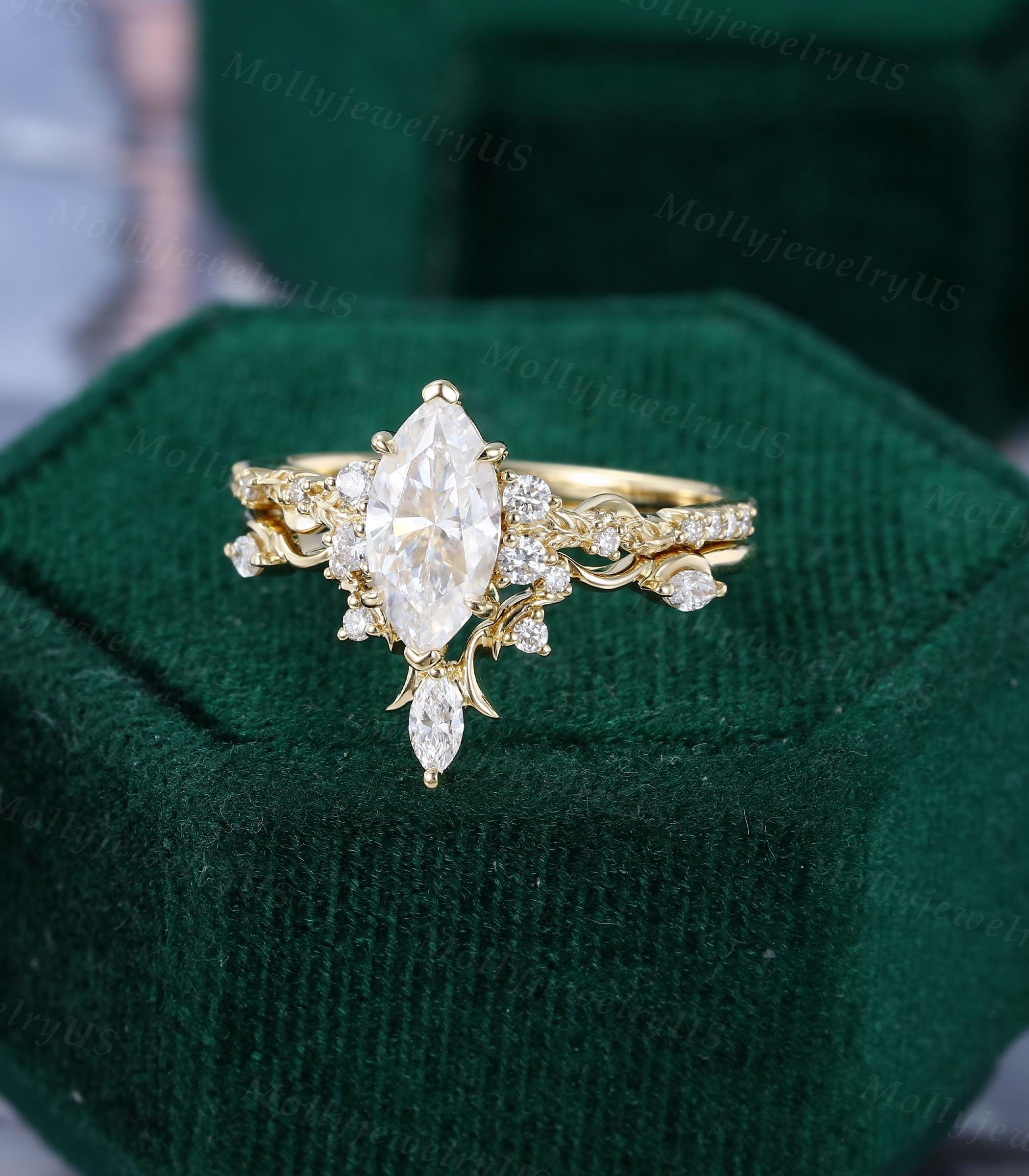 Marquise Cut Moissanite Engagement Ring Set Vintage Yellow Gold Bridal ...