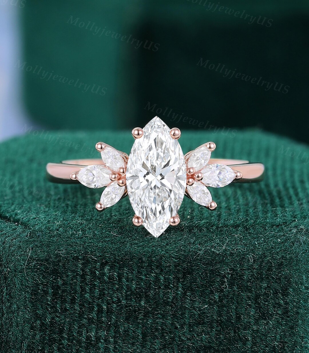 1CT Marquise Cut Lab Grown Diamond Engagement Ring Vintage Rose Gold ...
