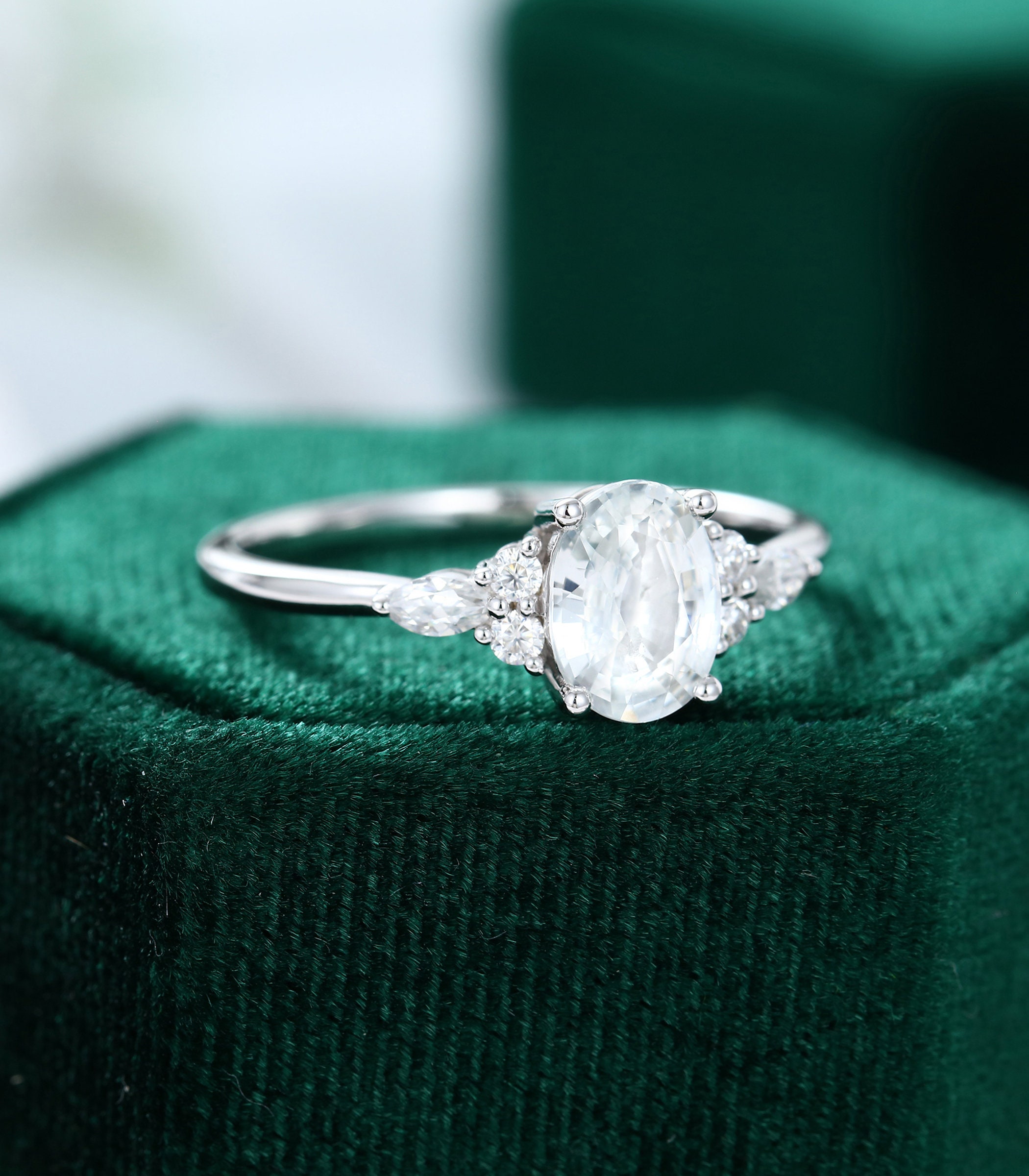 White Sapphire Engagement Ring Vintage Oval Cut Unique | Etsy