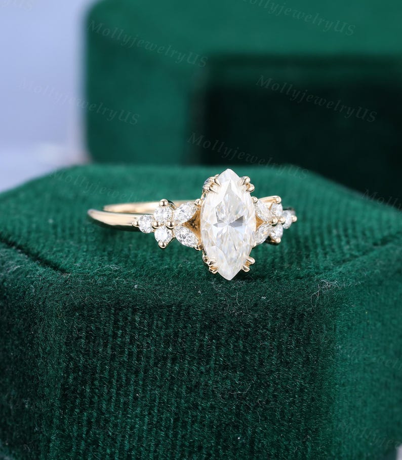 Marquise Cut Moissanite Engagement Ring Vintage Yellow Gold Double Claw ...