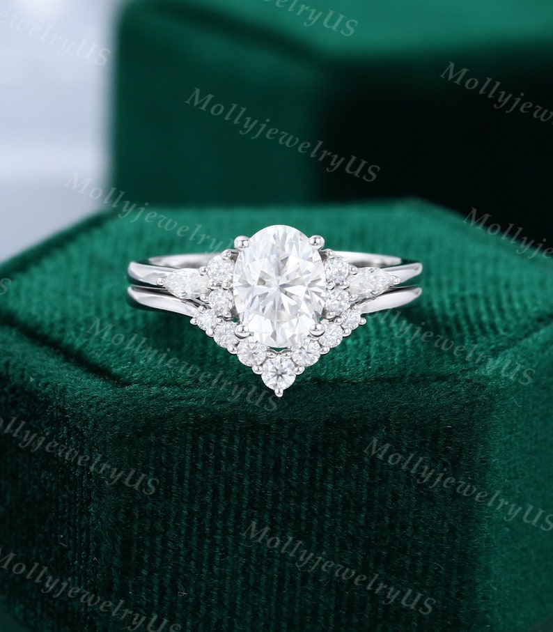 Oval Cut Moissanite Engagement Ring Set Vintage White Gold Unique ...