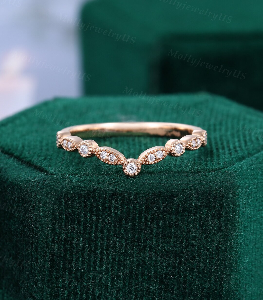 Vintage Curved Wedding Band Rose Gold Moissanite Wedding Band Dainty