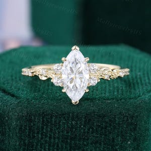 Marquise cut Moissanite engagement ring Solid yellow gold leaf ring Diamond bridal ring Half eternity women ring Botanical anniversary ring