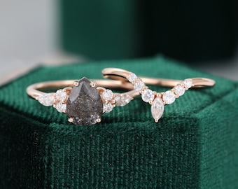 2PCS Pear shaped Black Rutilated Quartz engagement ring set vintage unique Marquise Diamond Cluster rose gold wedding for women Promise gift