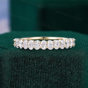 Oval cut Lab grown diamond wedding band Solid yellow gold half eternity ring Vintage wedding ring Unique stacking matching band Bridal ring
