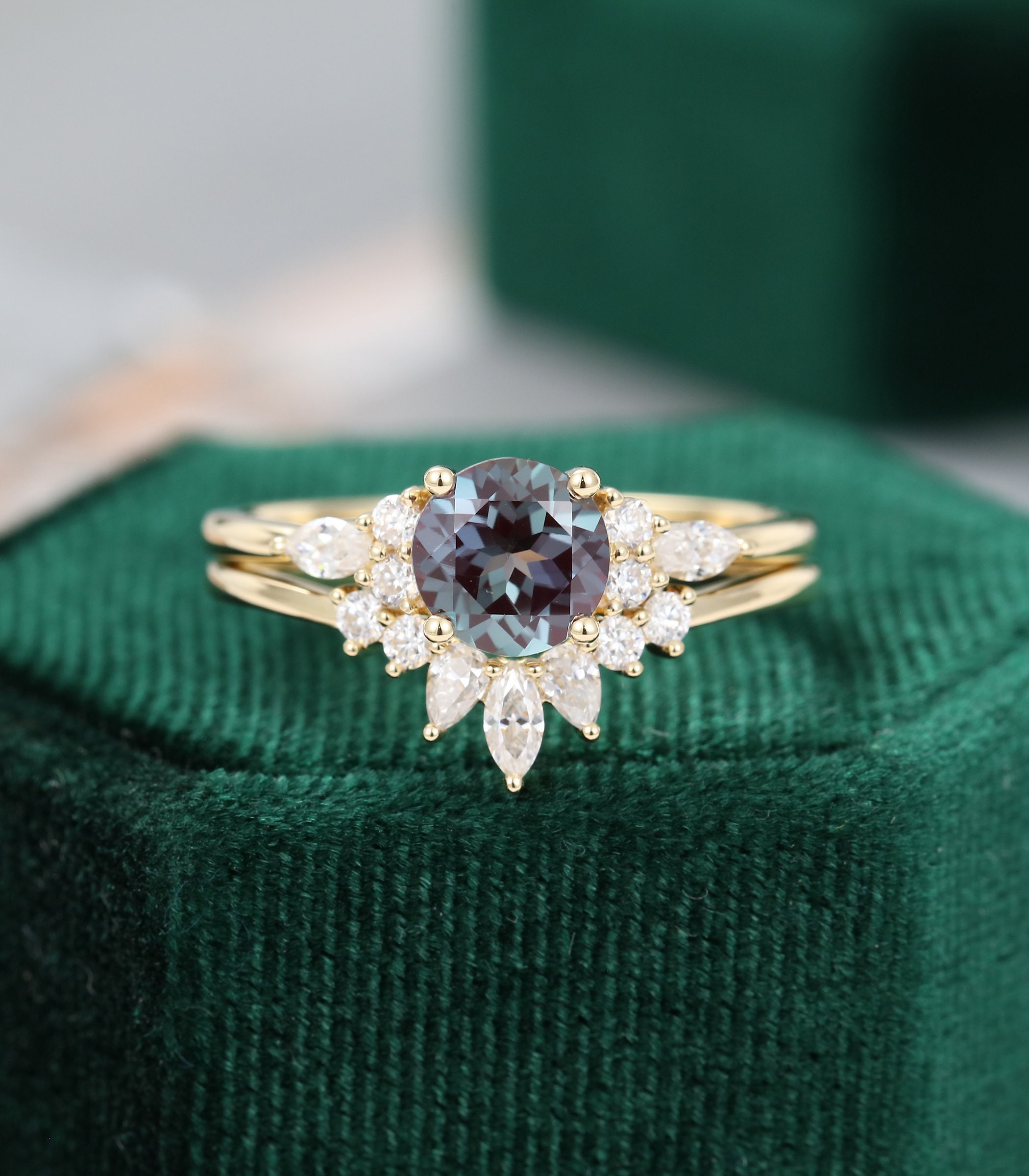 Alexandrite Engagement Ring Set Yellow Gold Unique Marquise - Etsy