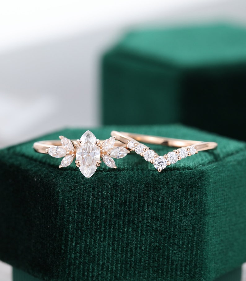 Marquise Cut Moissanite Engagement Ring Set Vintage Rose Gold | Etsy