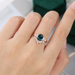 Green Blue Sapphire engagement ring set vintage unique rose gold engagement ring woman Marquise Diamond wedding Bridal Anniversary ring image 6