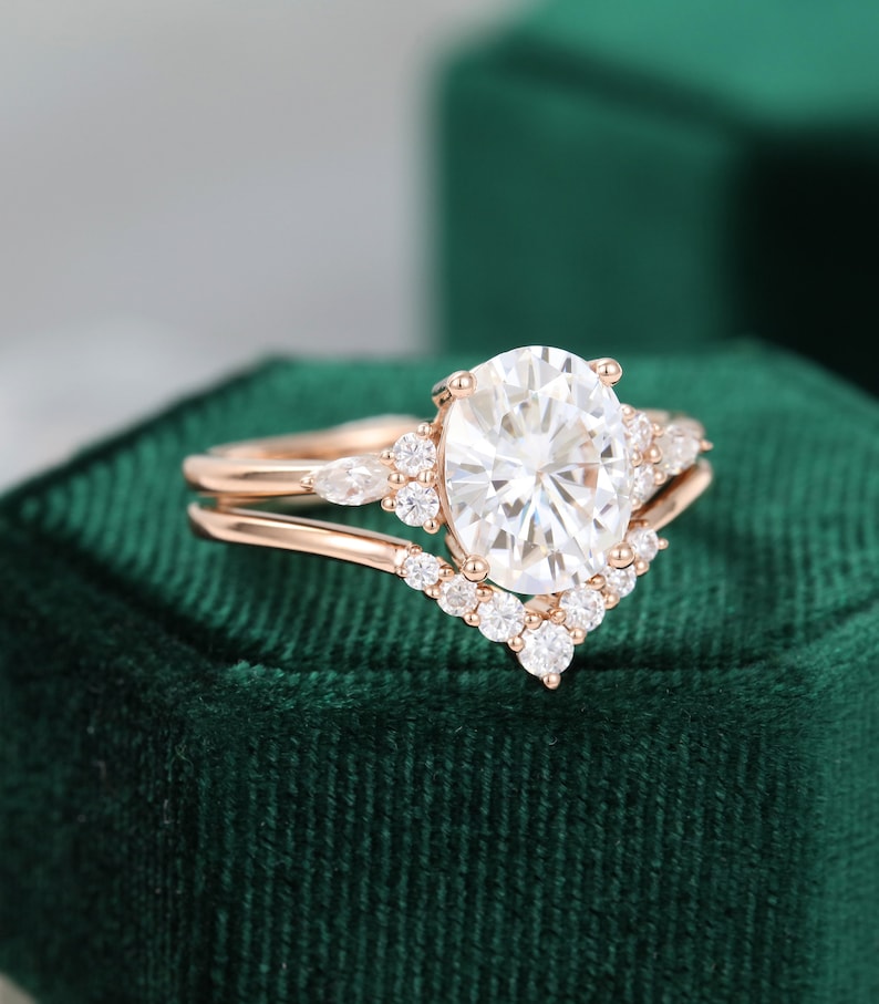 810mm Oval Moissanite Engagement Ring Set Vintage Rose Gold - Etsy