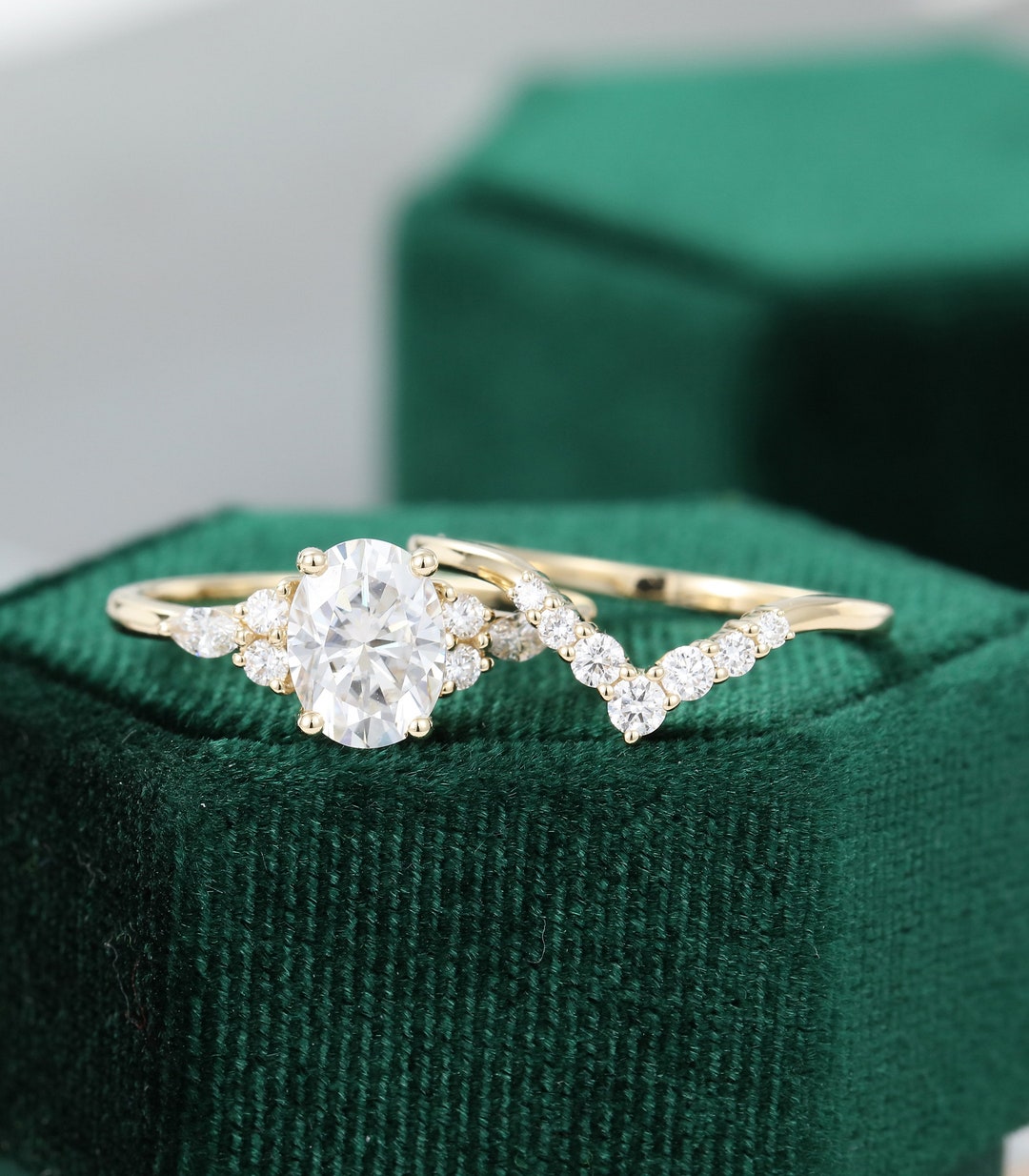 Oval Cut Moissanite Engagement Ring Set Vintage Yellow Gold - Etsy