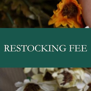 May include: A green banner with the text "RESTOCKING FEE" in white letters. The banner is in front of a blurry background of yellow and white flowers.