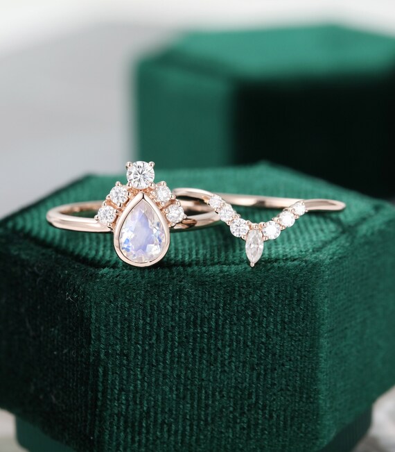 Pear shaped Moonstone engagement ring set Unique rose gold | Etsy