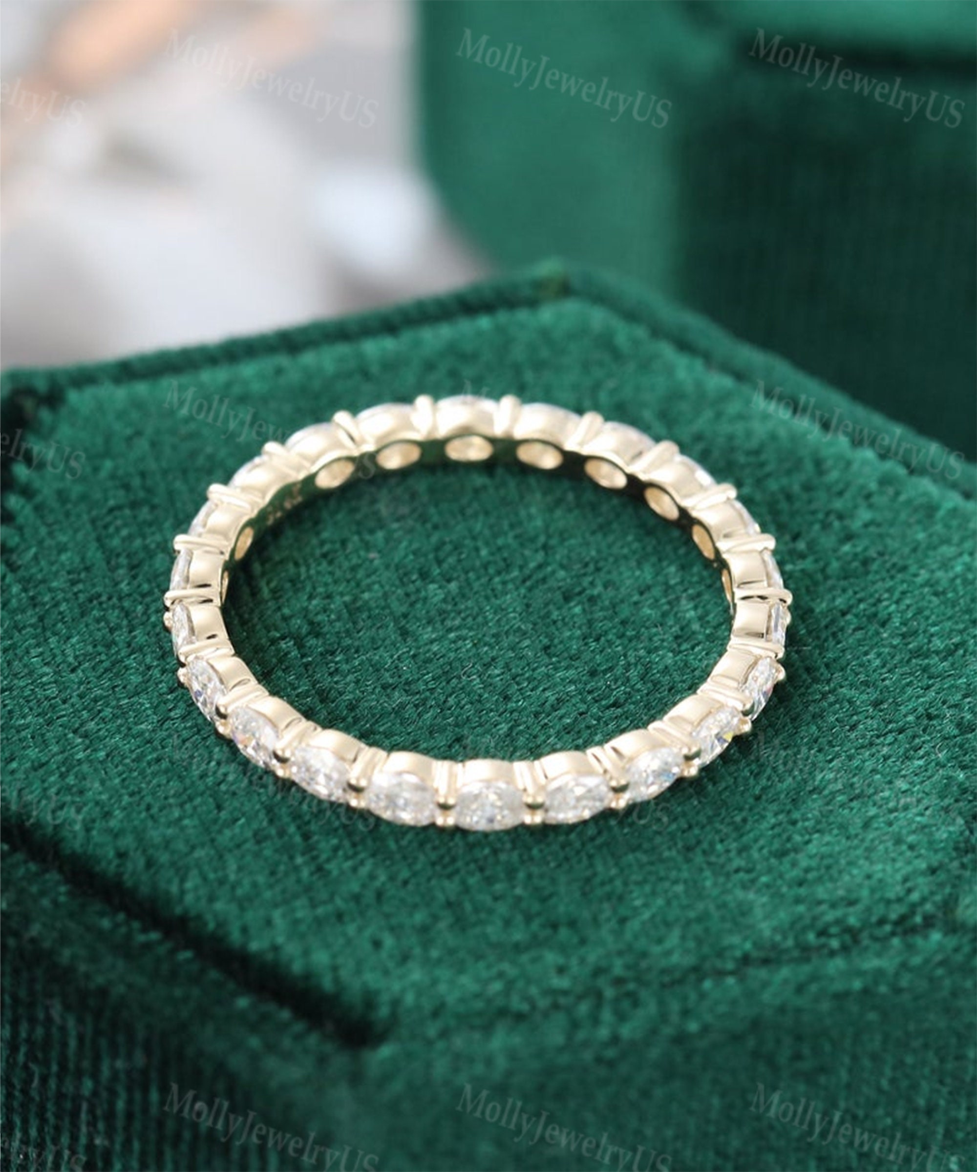 Moissanite Wedding Band Women Unique Oval Cut Yellow Gold Full Eternity ...