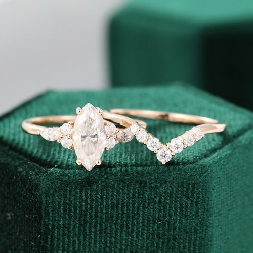 Marquise Cut Moissanite Engagement Ring Set Vintage Rose Gold - Etsy