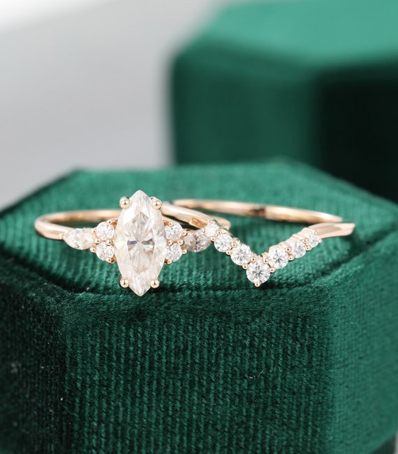 Marquise Cut Moissanite Engagement Ring Set Vintage Unique | Etsy