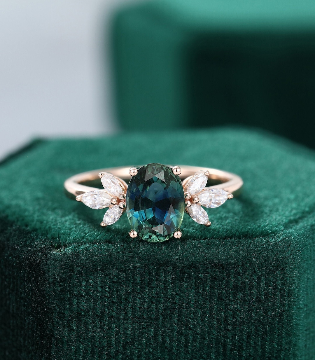 Oval Green Blue Sapphire Engagement Ring Vintage Unique