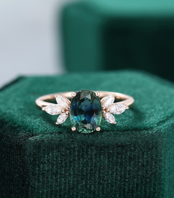 Oval Green Blue Sapphire Engagement Ring vintage Unique Marquise cut  diamond Cluster ring Rose gold ring Bridal ring Anniversary gift