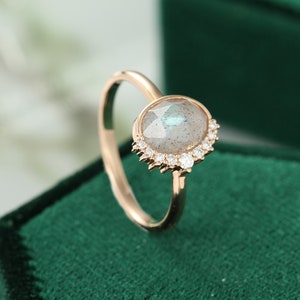 Labradorite engagement ring rose gold unique engagement ring women Oval rose cut Labradorite ring halo diamond Bridal vintage jewelry ring image 6