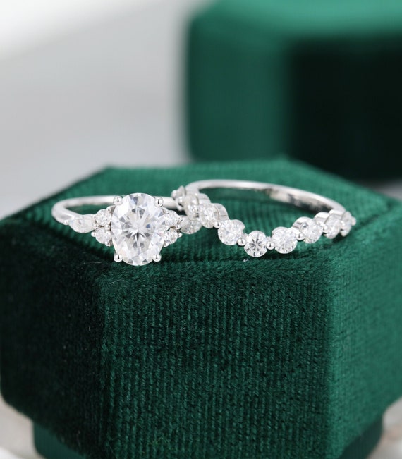 Oval cut Moissanite engagement ring set vintage Unique Cluster | Etsy
