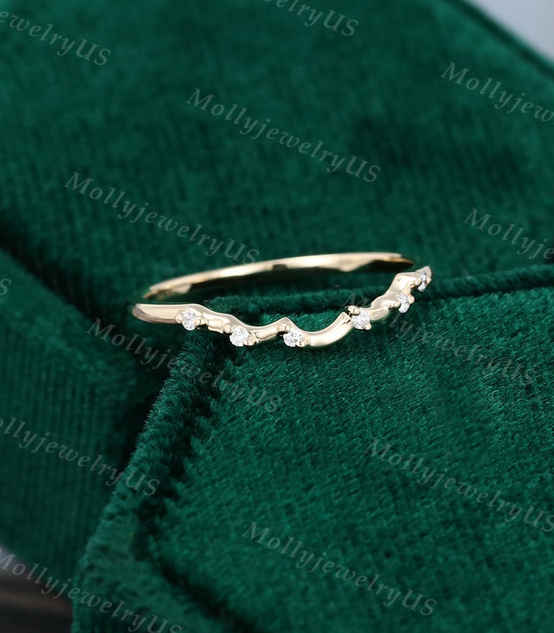 Curved Wedding Band Women Vintage Solid 14K Yellow Gold Diamond Branch ...