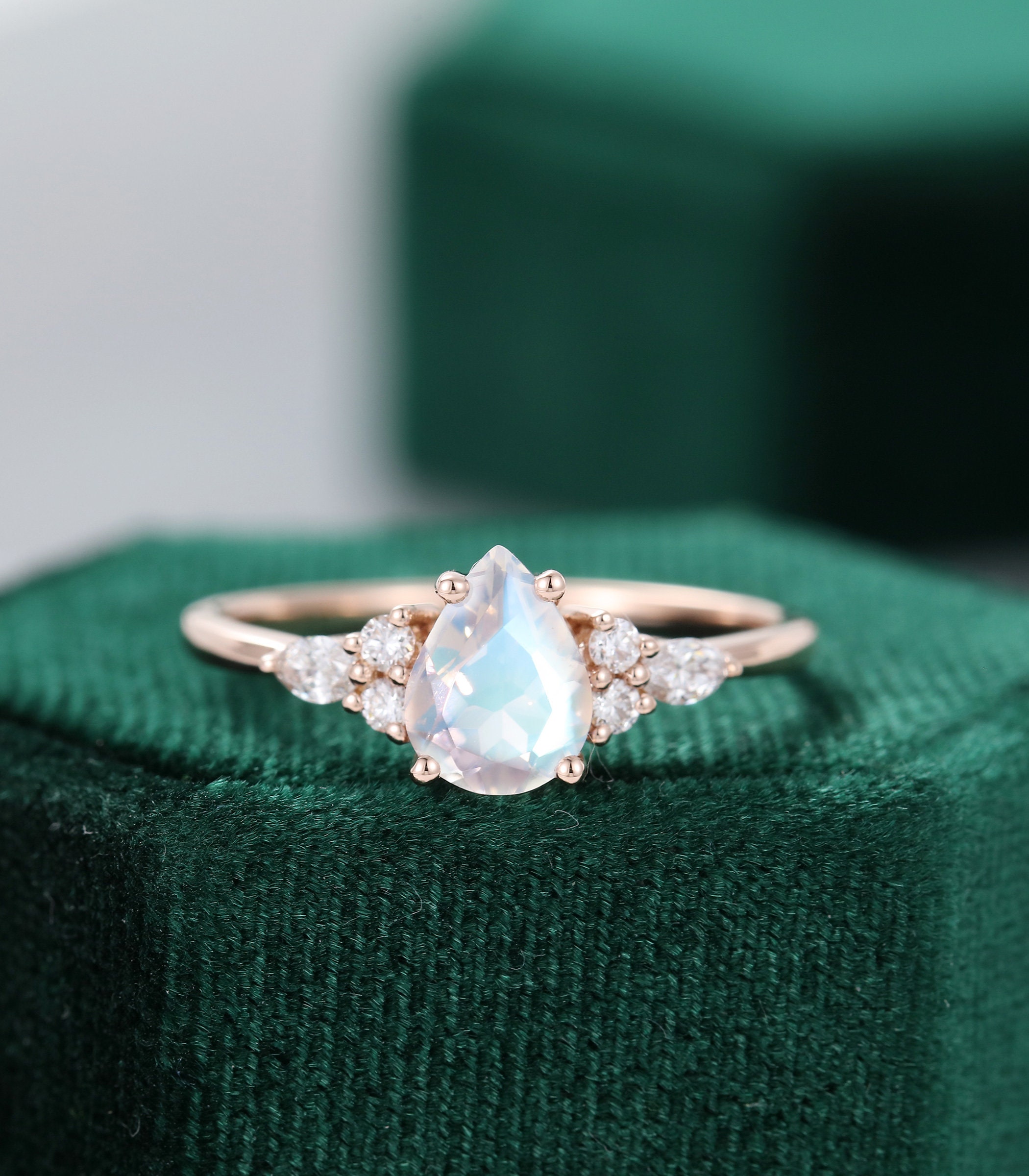 Pear shaped Moonstone engagement ring rose gold unique Cluster | Etsy