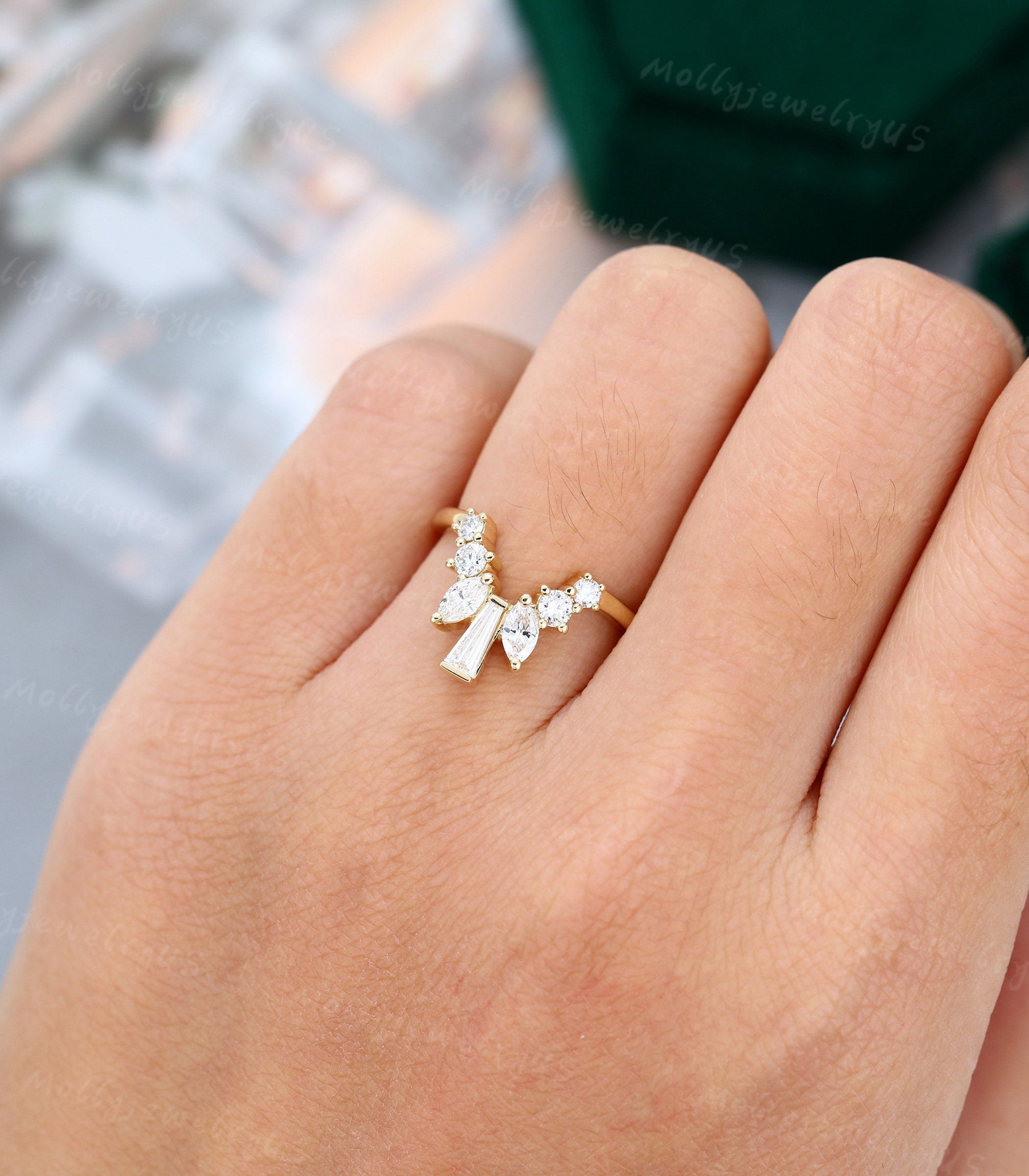 Curved Wedding Band Women Vintage Baguette Yellow Gold Moissanite ...