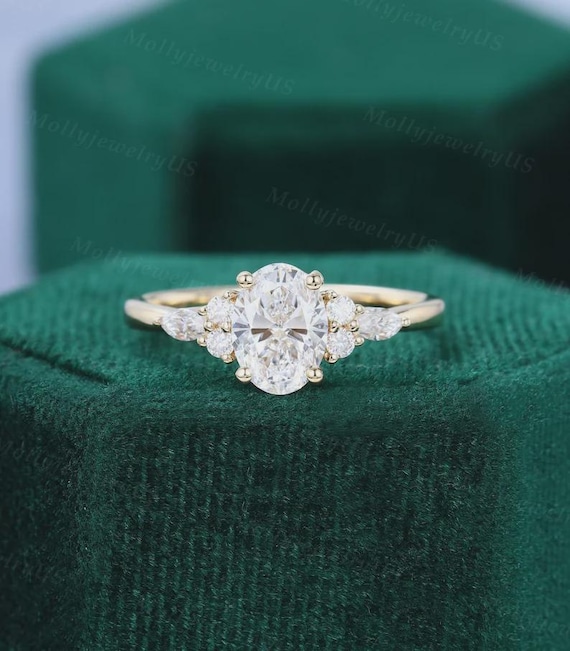 Oval Cut Moissanite Engagement Ring Vintage Yellow Gold Unique