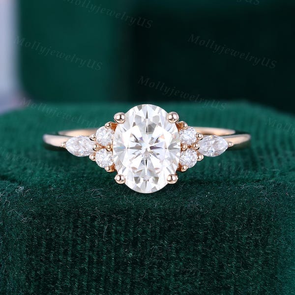 Oval Moissanite engagement ring Vintage rose gold wedding ring Marquise diamond bridal ring Dainty woman ring Promise gift Marriage ring