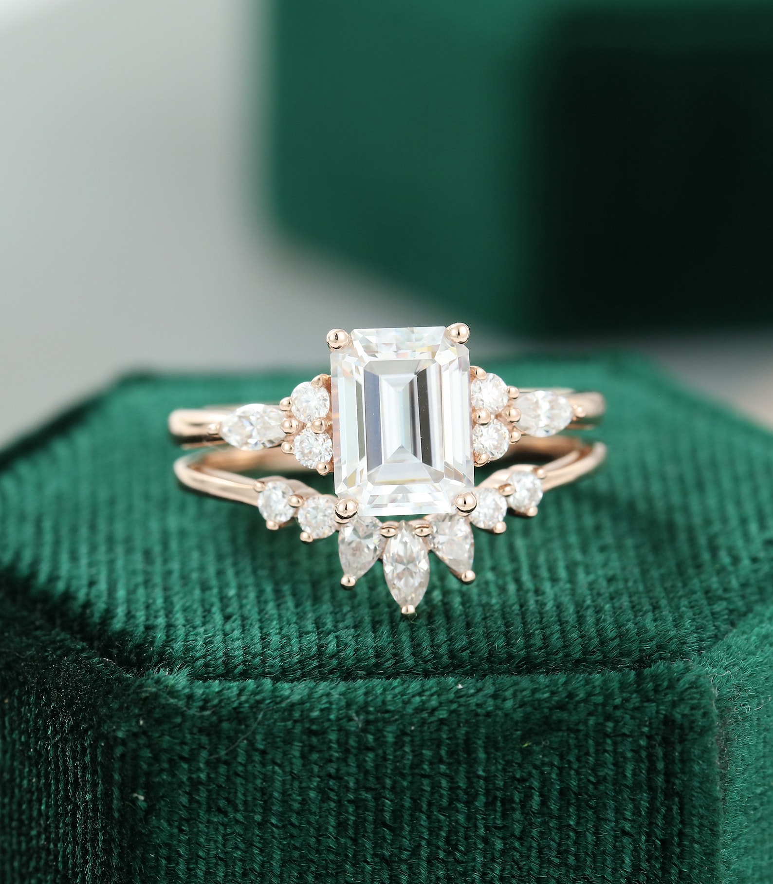 Emerald Cut Moissanite Engagement Ring Vintage Unique Bridal | Etsy