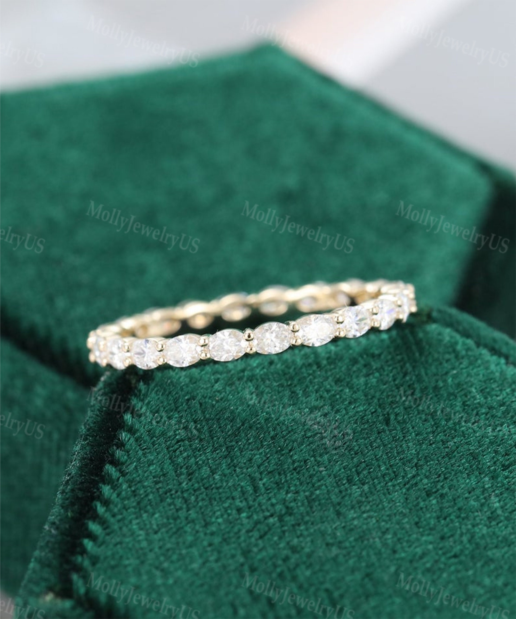 Moissanite Wedding Band Women Unique Oval Cut Yellow Gold Full Eternity ...