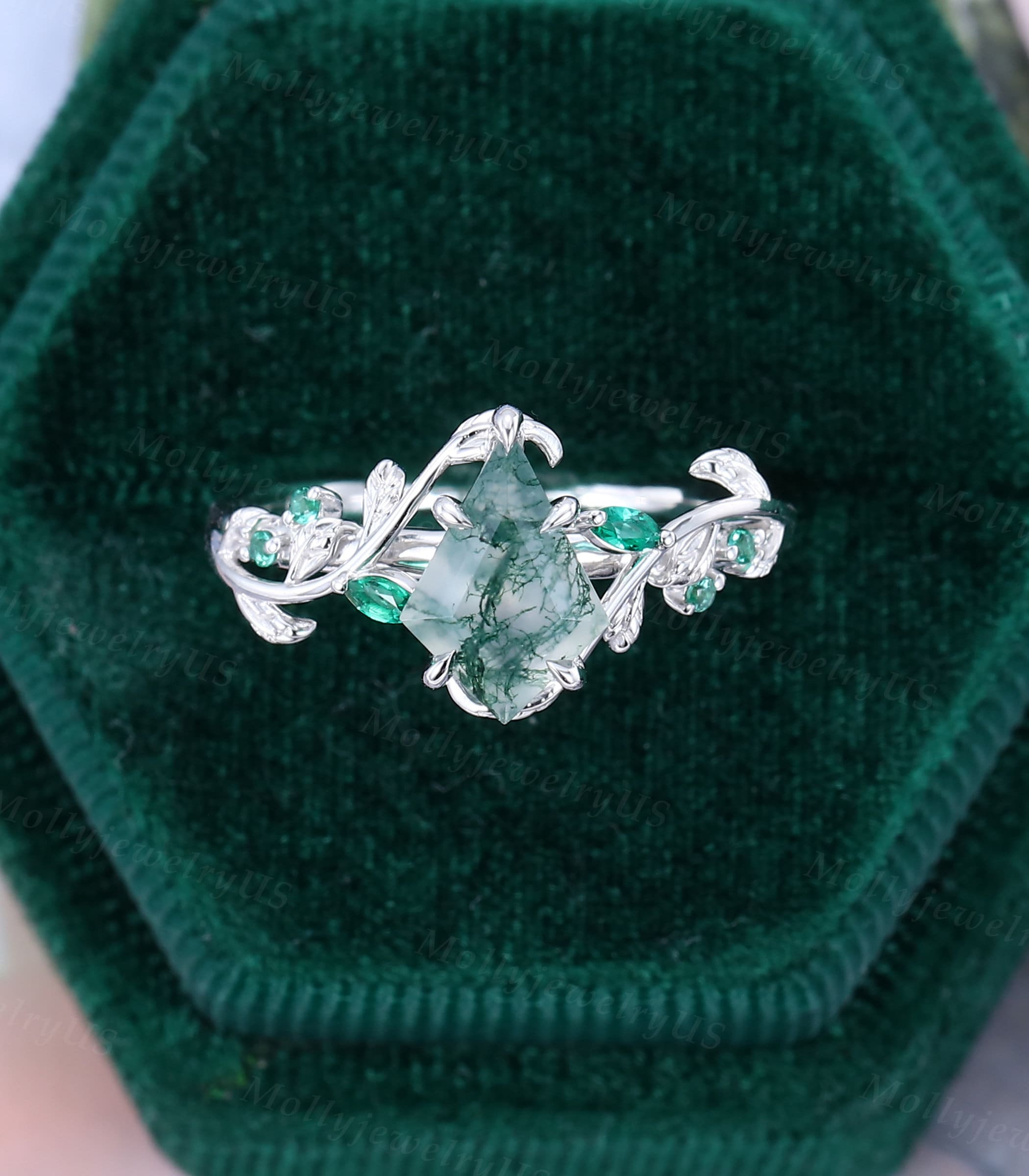 Nature Inspired Kite Cut Moss Agate Engagement Ring Vintage