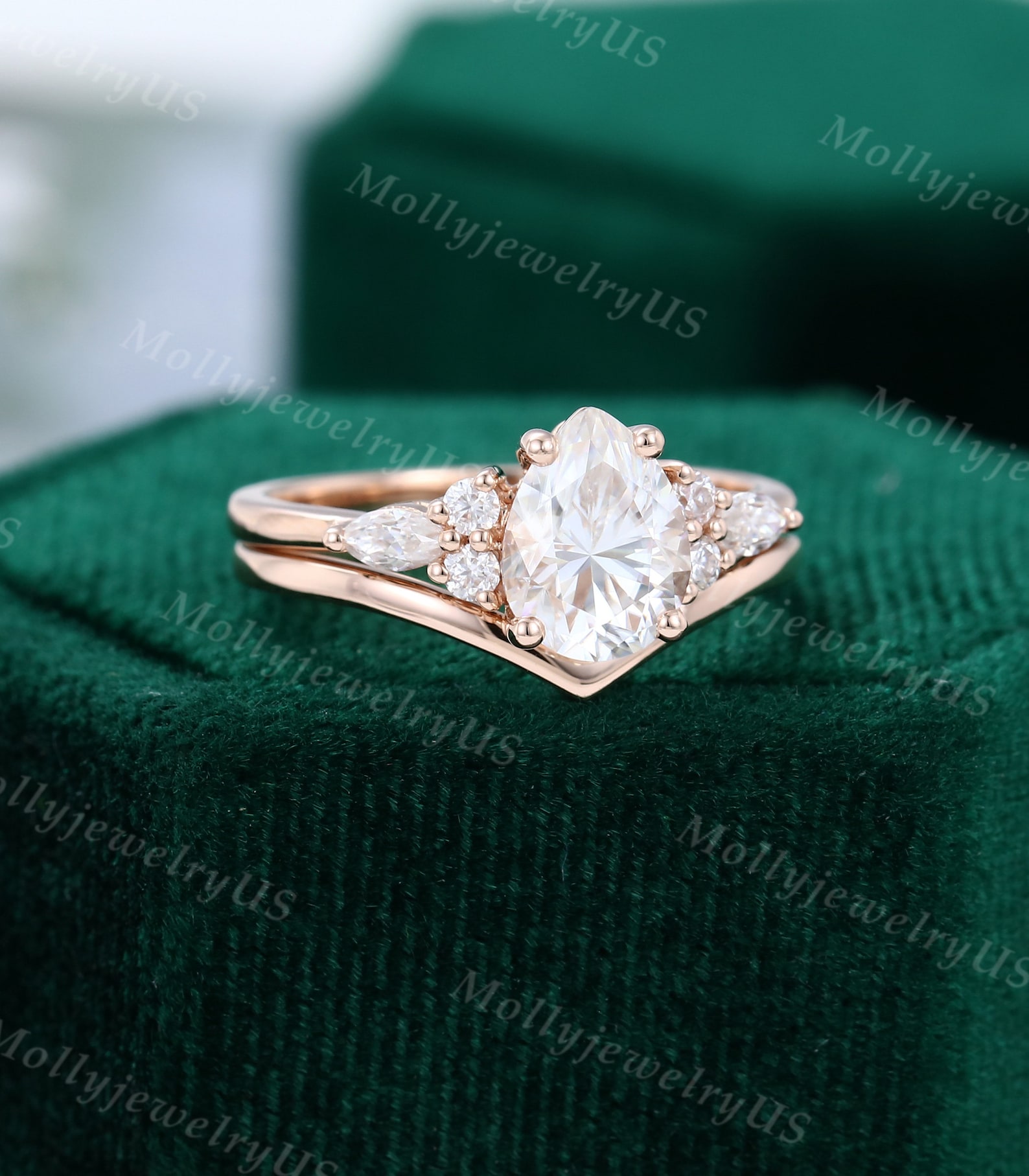 Pear Shaped Moissanite Engagement Ring Set Vintage Unique Rose - Etsy