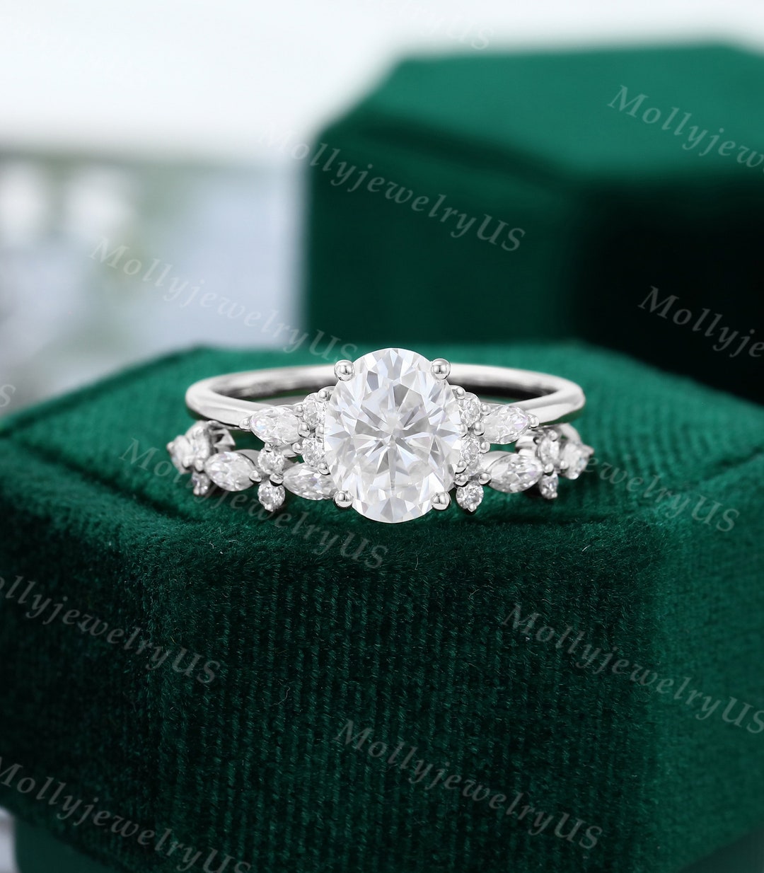 Oval Cut Moissanite Engagement Ring Set Vintage White Gold Unique ...