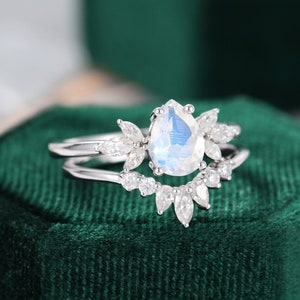 Pear Shaped Moonstone Engagement Ring Set Vintage White Gold Unique ...