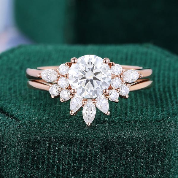 Moissanite engagement ring set rose gold unique Cluster engagement ring Diamond vintage Marquise Pear shaped Promise Anniversary ring