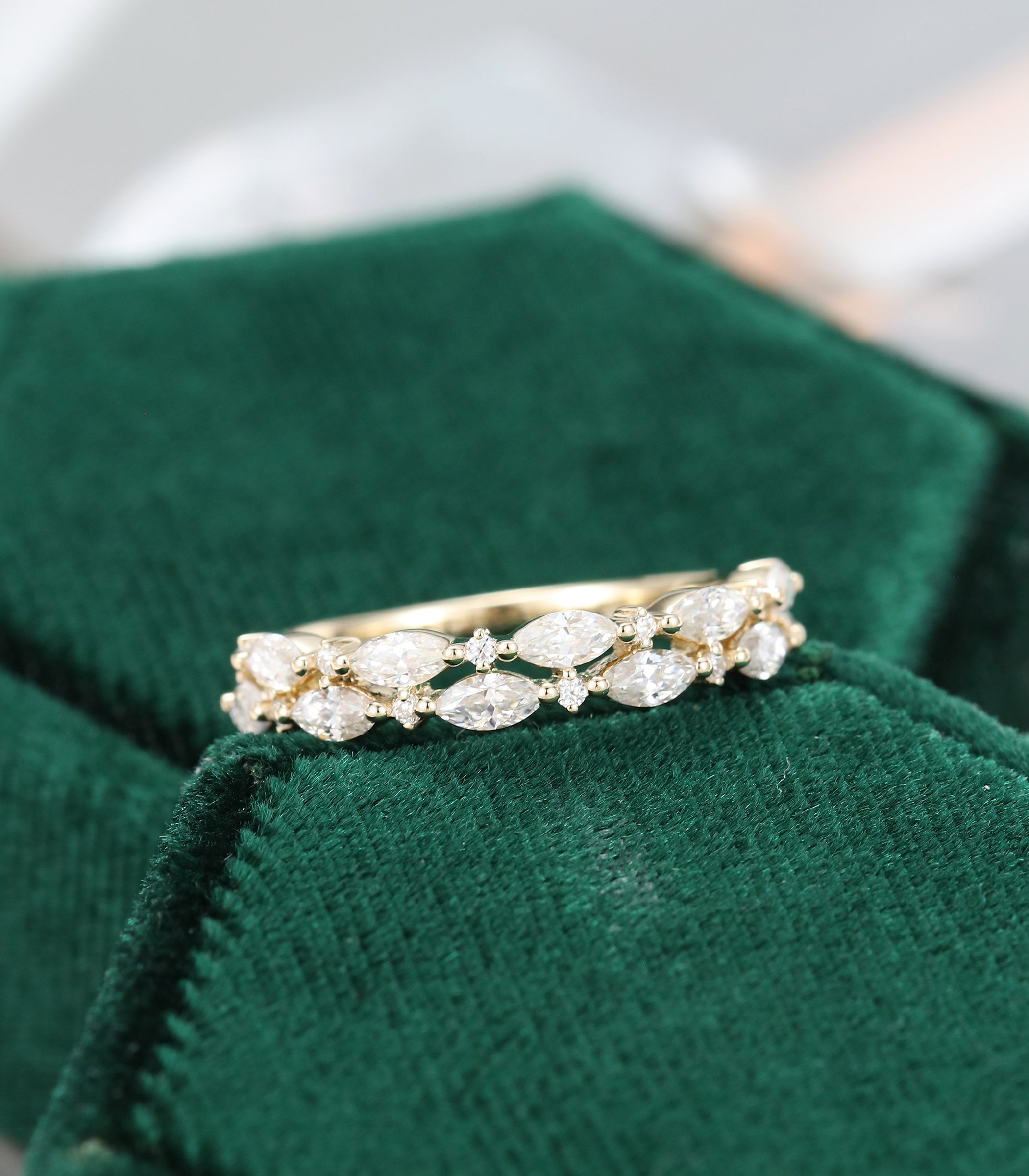 Unique Double Marquise Cut Moissanite Wedding Band Vintage Yellow Gold ...