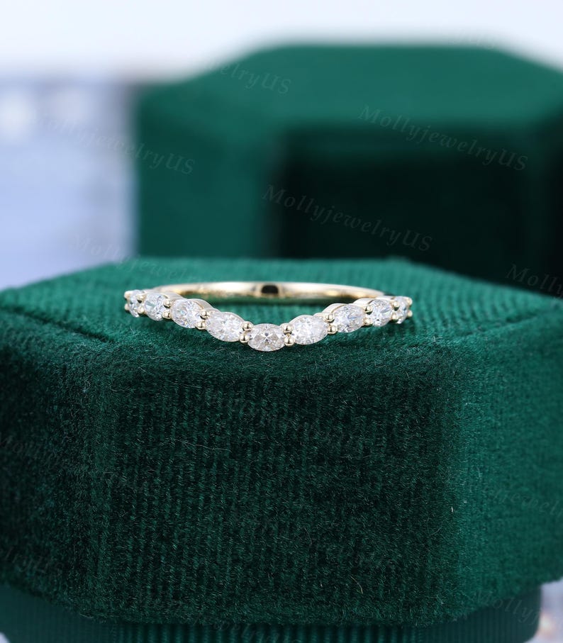 Oval Cut Moissanite Curved Wedding Band Women Unique Yellow Gold ...