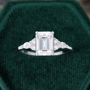 Emerald Cut Moissanite Engagement Ring Vintage White Gold Unique ...