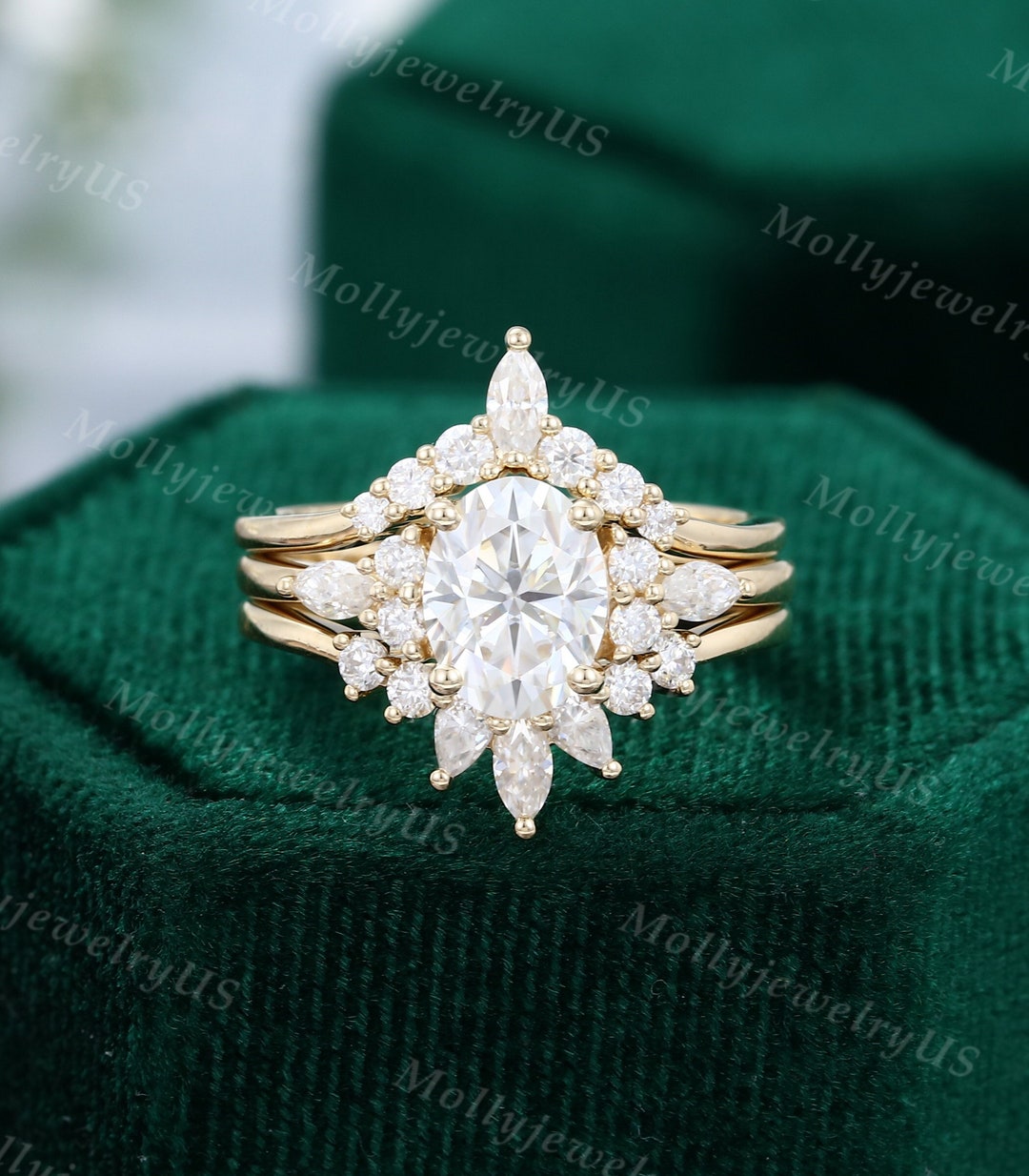 3PCS Oval Cut Moissanite Engagement Ring Set Solid Yellow Gold Bridal ...