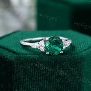 Emerald Engagement Ring Vintage Women White Gold Unique - Etsy