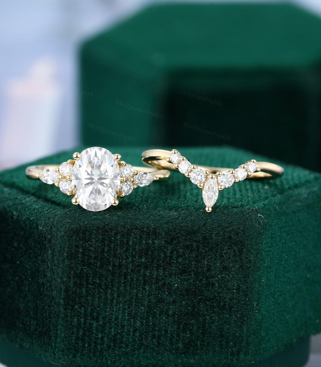 Oval Moissanite Engagement Ring Set Vintage Yellow Gold Unique